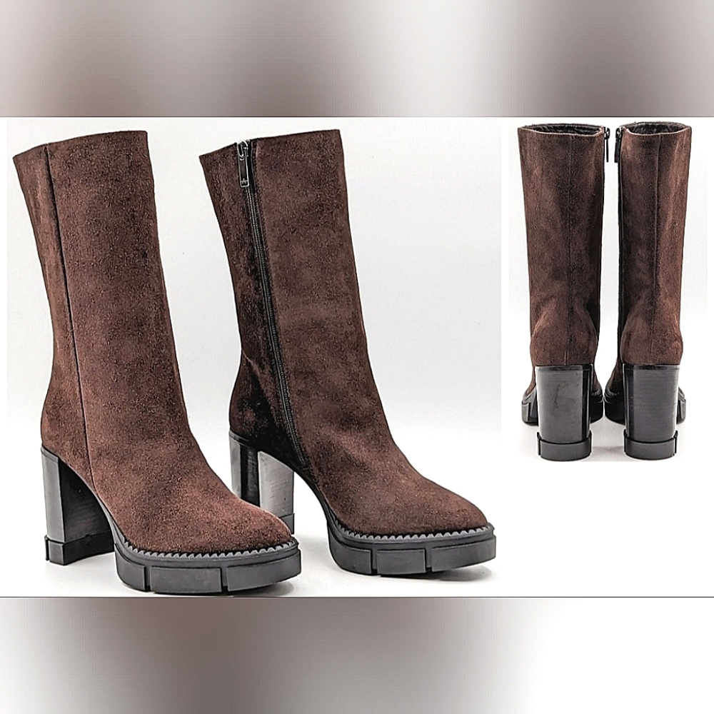 Aquatalia Lana Mid Calf Brown Suede Heel Boots Lugged Platform Black Heel